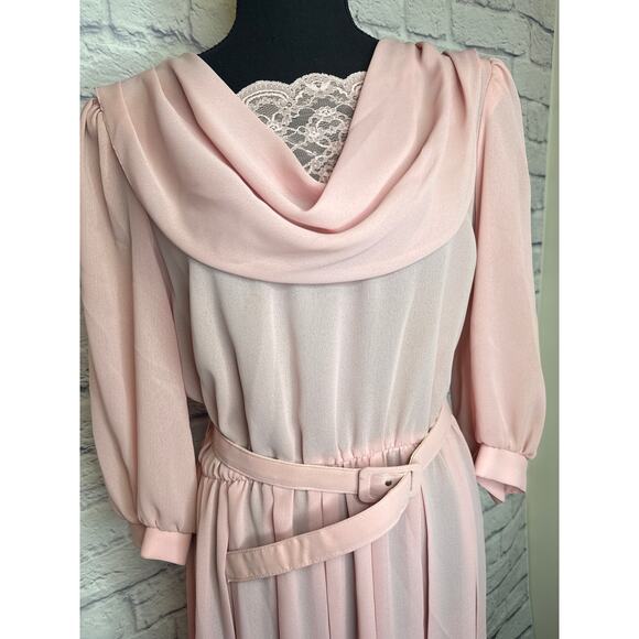 Bobby's Girl Pink Vintage Cowl Neck Lace Semi Sheer Secretary Dress Belt Size 14 - Picture 2 of 6